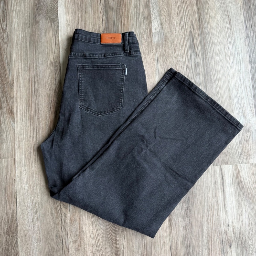 HDLTE Mens Wide Leg Jeans Washed Black Denim High Rise Relaxed Fit Size XL